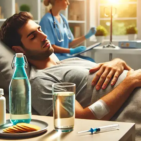 A man resting in a hospital bed while receiving medical care for dehydration, with water, medications, and food on a table nearby.