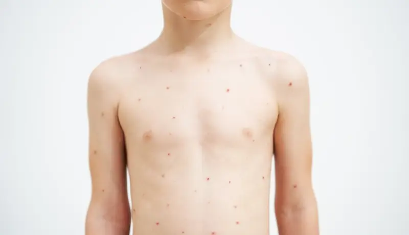 Παιδί με δερματικά εξανθήματα που χαρακτηρίζουν την ανεμοβλογιά, εμφανή στο στήθος και τους ώμους.