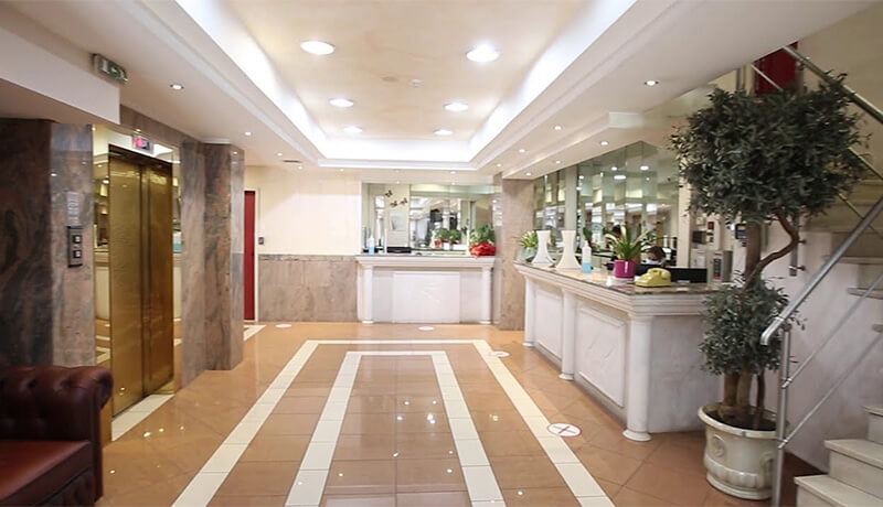 Elegant lobby area of the hospital partnered with our clinic, where we admit our patients for further medical care.