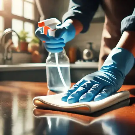 Hands wearing blue gloves cleaning a kitchen counter with a spray bottle and a cloth, emphasizing hygiene and disinfection.