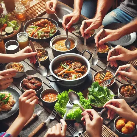 Άτομα που μοιράζονται φαγητό γύρω από ένα τραπέζι με κοινά μαγειρικά σκεύη και πιάτα.