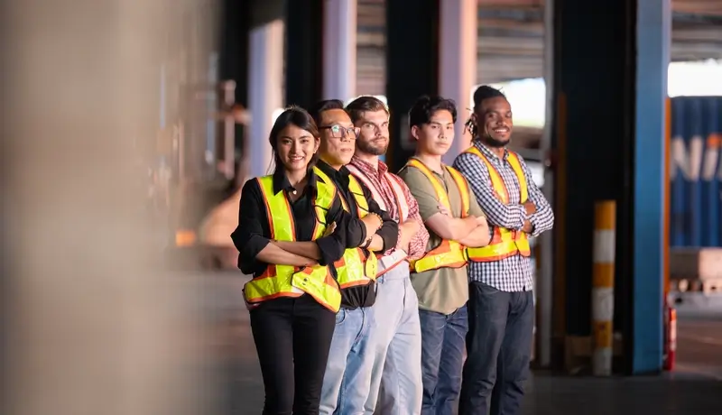 A diverse group of workers wearing safety vests standing confidently in a warehouse setting.