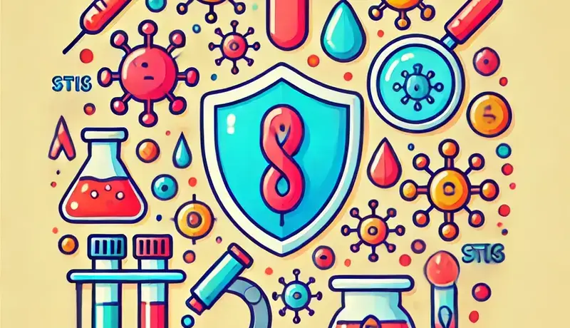 Έγχρωμη και απλή ιατρική απεικόνιση που σχετίζεται με τα Σεξουαλικώς Μεταδιδόμενα Νοσήματα (ΣΜΝ), περιλαμβάνοντας συμβολικά εικονίδια βακτηρίων, ιών και προστασίας.