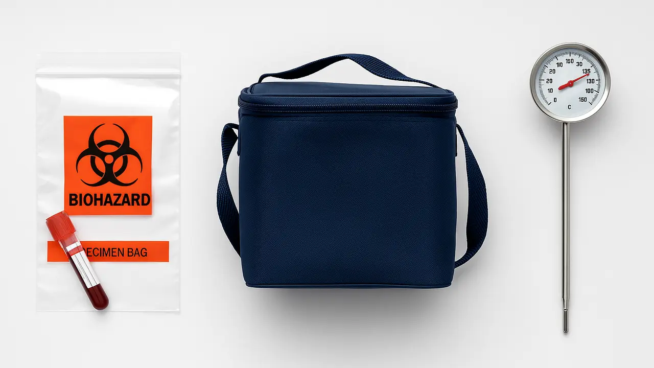 Ιατρικά είδη για μεταφορά δειγμάτων: σακουλάκι βιολογικών υγρών, ισοθερμική τσάντα και θερμόμετρο
