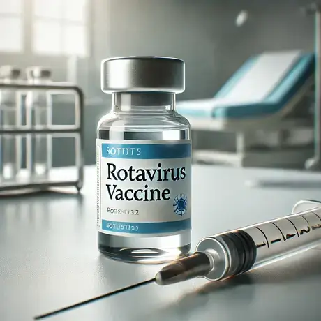 A vial of rotavirus vaccine and a syringe placed on a clinical table, highlighting immunization against gastrointestinal infections.