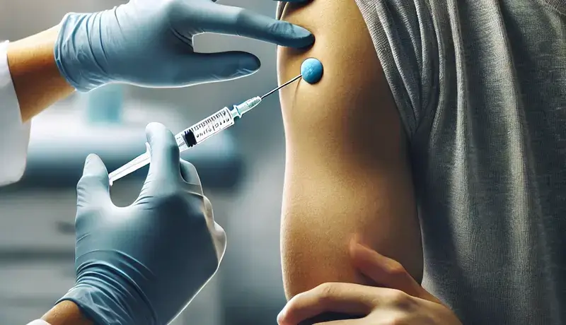 Άτομο που λαμβάνει το εμβόλιο πνευμονίας στον βραχίονα από επαγγελματία υγείας σε κλινικό περιβάλλον.