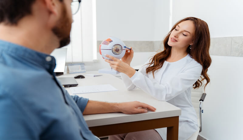 Female ophthalmologist showing eye model to male patient in clinic