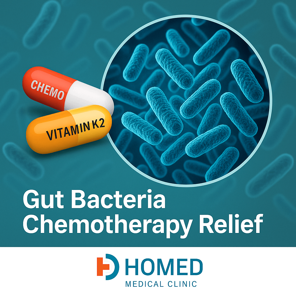 Microscopic gut bacteria with chemo and vitamin K2 capsules, symbolizing relief from chemotherapy side effects