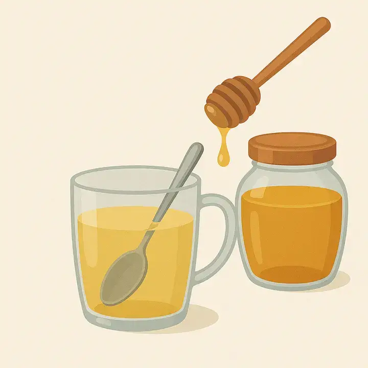 Glass of warm honey water next to a honey jar and wooden dipper for natural cough relief