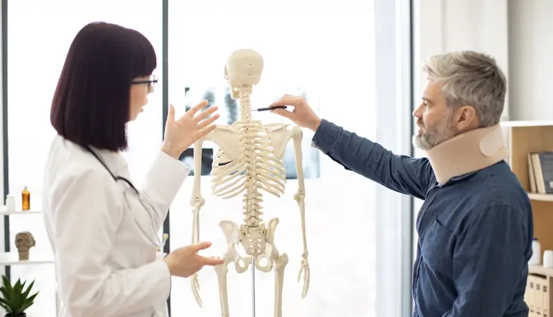 Doctor explaining skeletal anatomy to a patient wearing a cervical collar.