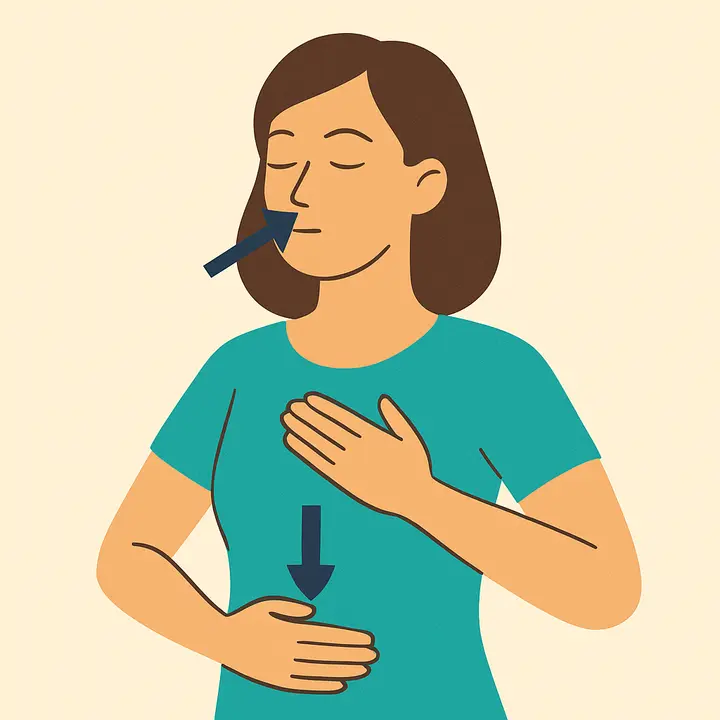 Woman practicing deep breathing with hand on chest and abdomen, arrows showing air flow