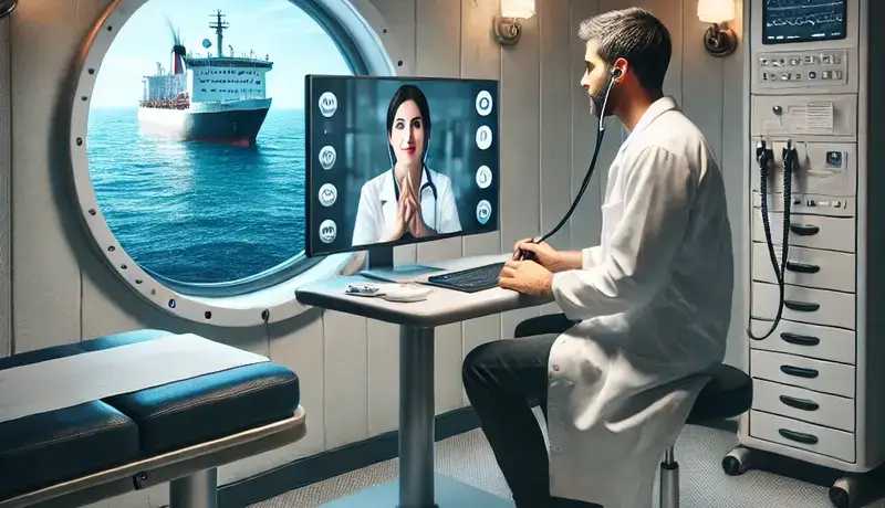 A maritime worker talking with a doctor via videocall