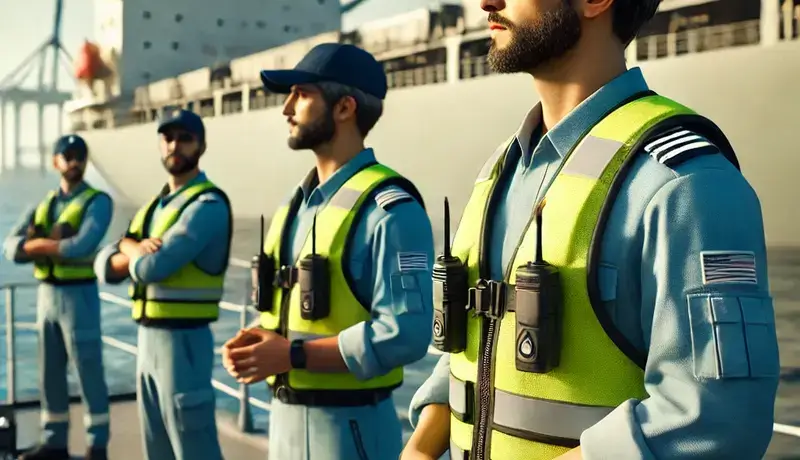 Ναυτικοί πλοηγοί σε κατάστρωμα πλοίου, φορώντας γιλέκα ασφαλείας και στολές, ενώ επικοινωνούν και προετοιμάζονται για καθήκοντα πλοήγησης.