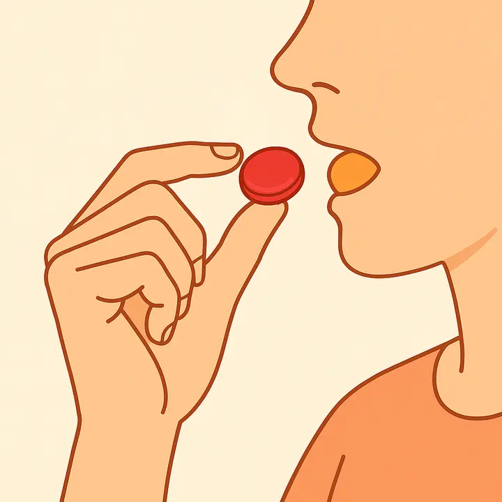 Hand placing a red cough drop into mouth for throat soothing and cough relief