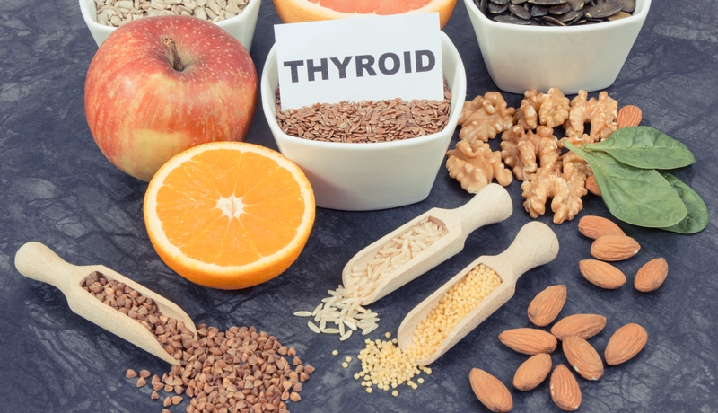Products and ingredients as source vitamins and minerals. Beneficial eating for thyroid gland