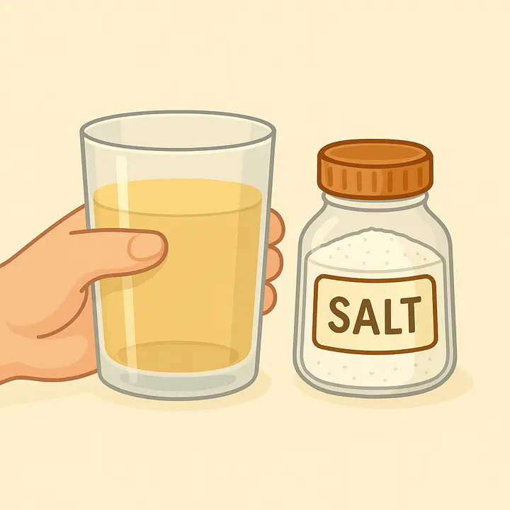 Hand holding a glass of salt water next to a salt jar, ready for gargling