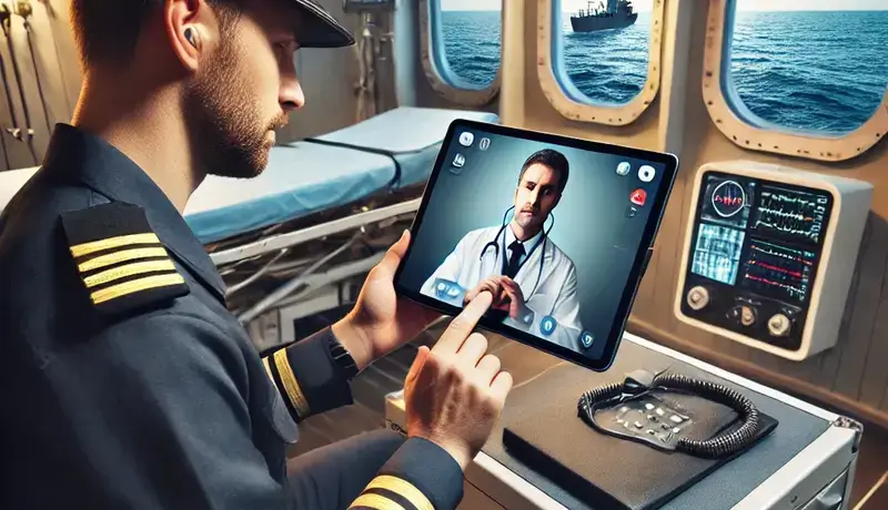 The picture shows a maritime worker and a doctor speaking via Telemedicine