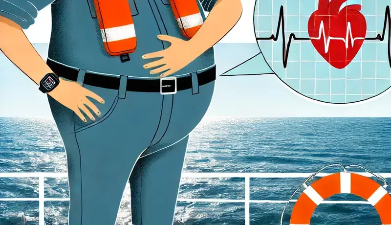 Ναυτικός με παχυσαρκία στο κατάστρωμα πλοίου με δείκτες υγείας όπως καρδιακός ρυθμός, που συμβολίζει ανησυχίες υγείας στη ναυτιλιακή βιομηχανία.